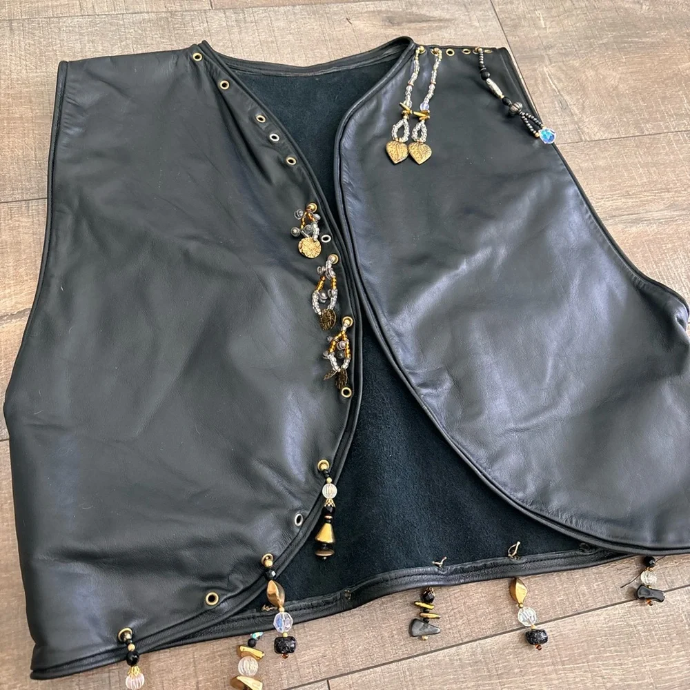 Hand Crafted Leather Vest Women's Open Front Cropped Black with Beads